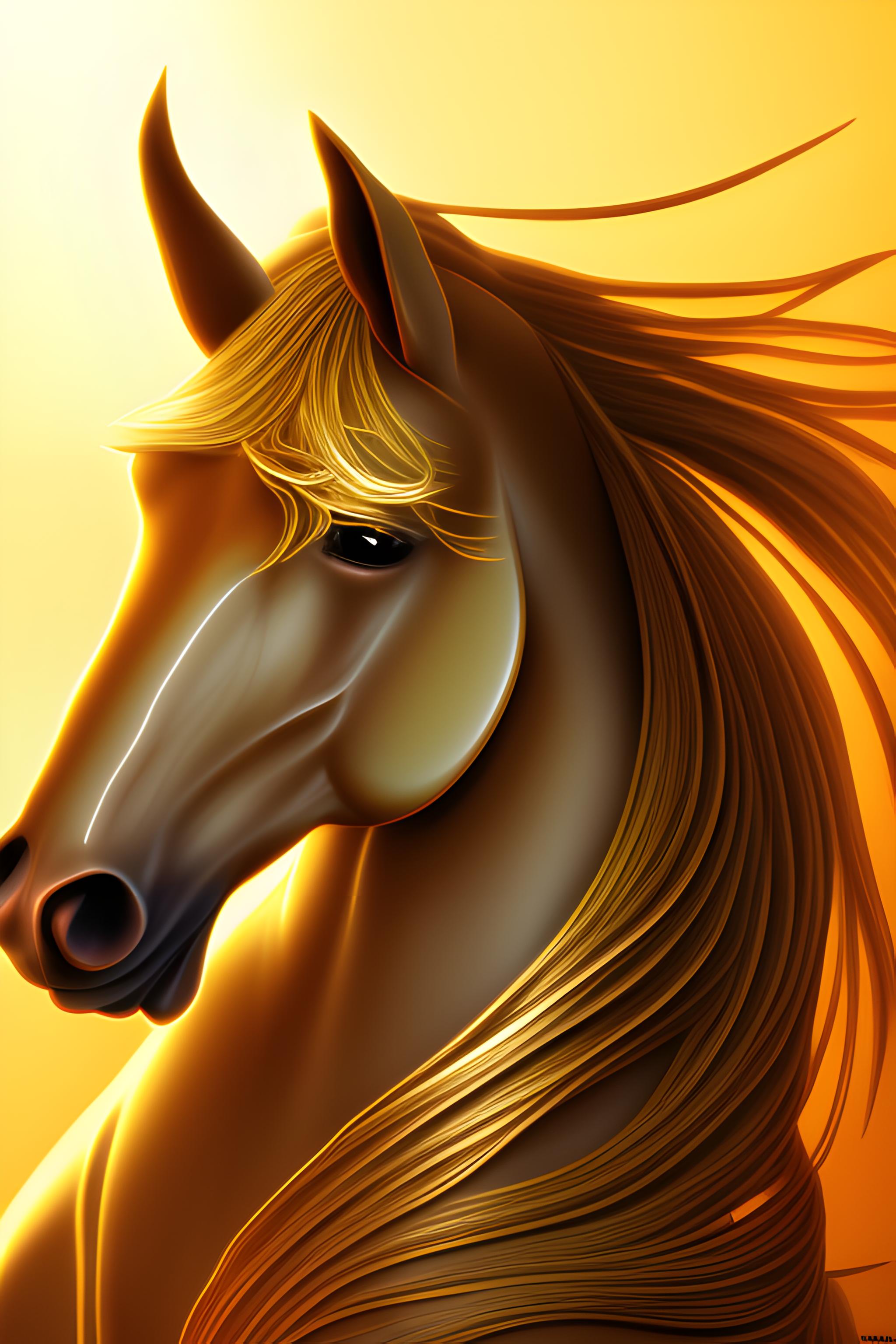 A golden horse lifts its front hoof, followed by many other horses of various colors. The golden su…